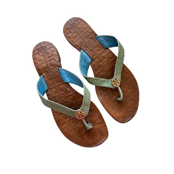 Tory Burch Women's Size 11M Leather Sandals Green Straps & Blue Lining - Picture 1 of 7